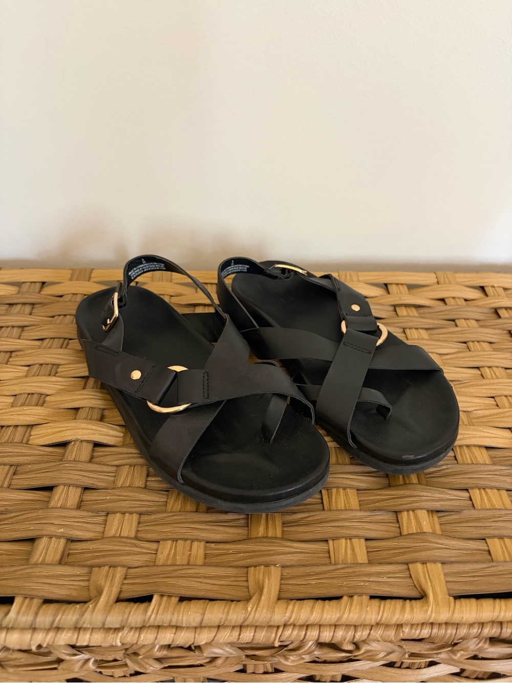 Black Women's Cross-Strap Sandals with Gold Accents